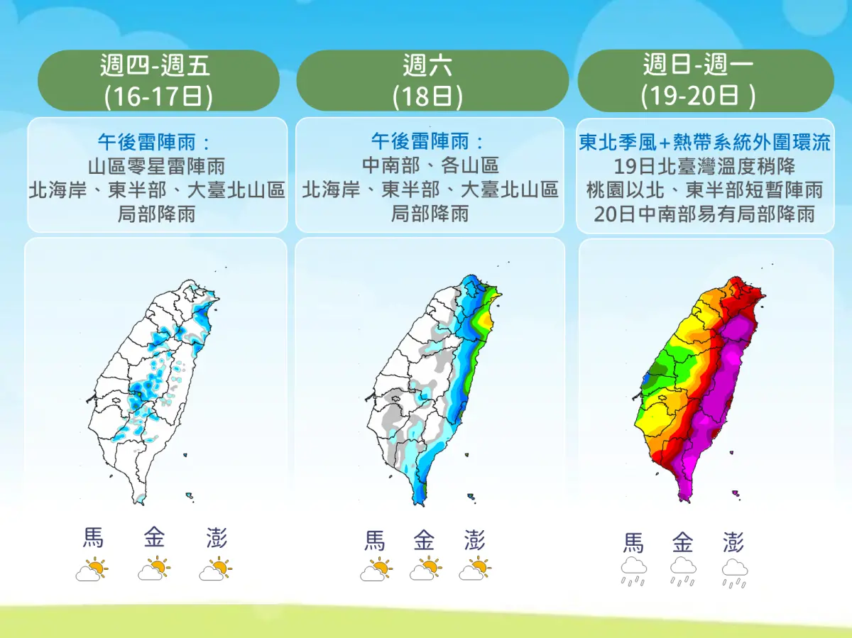 ▲本週末前降雨比較零星，週末受到東北季風和颱風影響，北部、東部雨勢非常明顯。（圖／中央氣象署cwa.gov.tw）