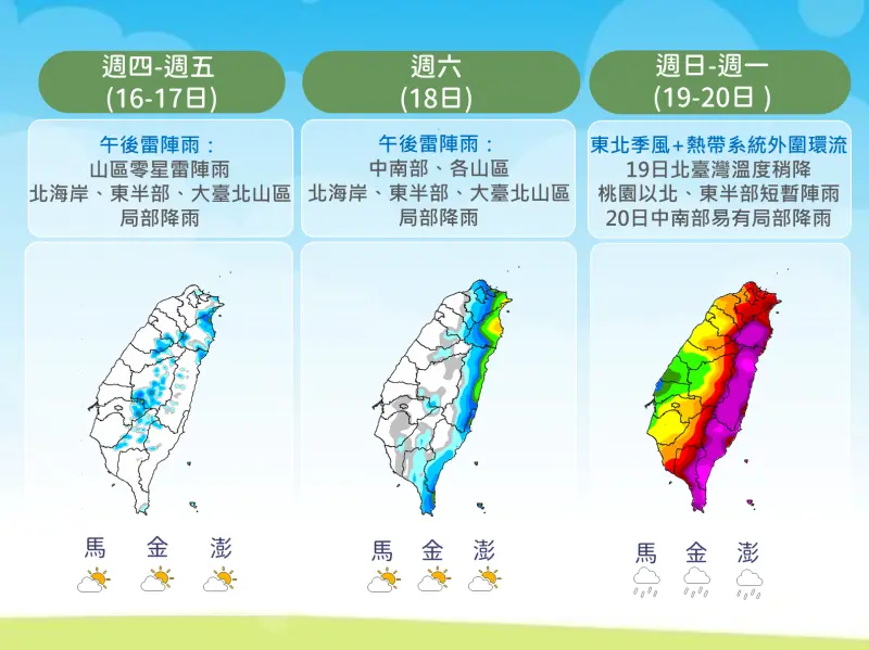 ▲本週末前降雨比較零星，週末受到東北季風和颱風影響，北部、東部雨勢非常明顯。（圖／中央氣象署cwa.gov.tw）