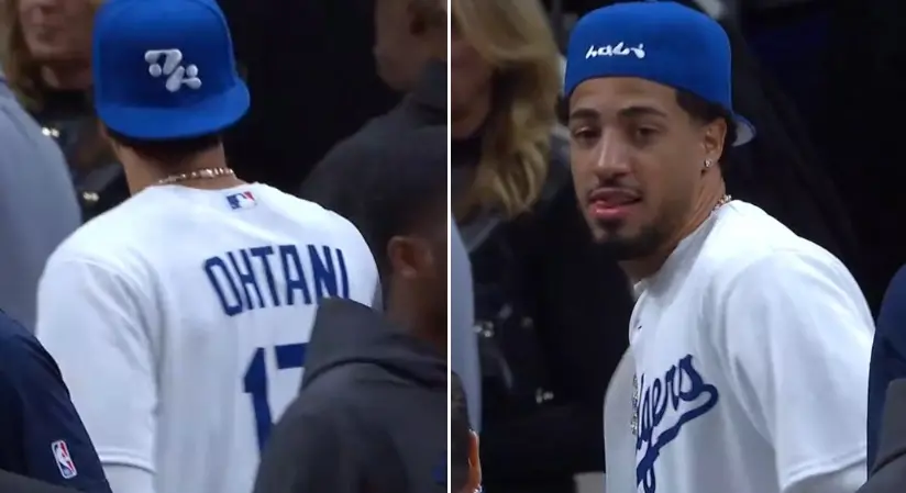 ▲NBA溜馬球星哈利伯頓（Tyrese Haliburton）身穿大谷翔平的道奇隊球衣現身球場，藉此嘲諷釀酒人隊。（圖／取自ClutchPoints X）