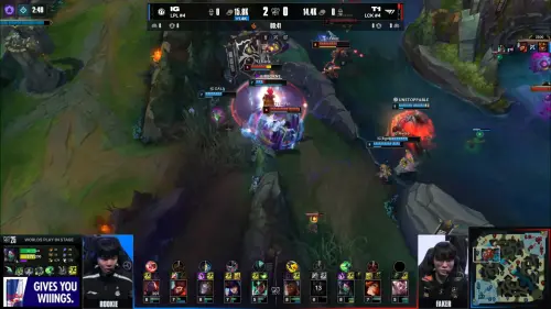 ▲比賽9分鐘，上路河道爆發虛空幼蟲團戰，T1打野 Oner 的嘉文四世雖然率先被擊倒，但隨後 Faker 的阿卡莉與 Doran 的卡桑蒂精采發揮逆轉團戰。（圖／YT@LoL Esports）