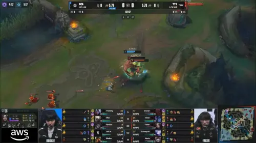 ▲3 分鐘時，T1 率先在中路發起進攻，但未能擊殺 Rookie，反倒是 Faker 被輔助納帝魯斯打出首殺。（圖／YT@LoL Esports）