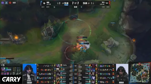 ▲16 分鐘，T1 抓到邊線的法洛士。（圖／YT@LoL Esports）