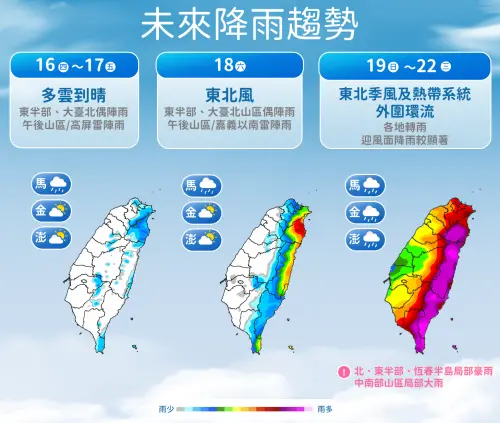 ▲本週末前降雨比較零星，週末受到東北季風和颱風影響，北部、東部雨勢非常明顯。（圖／中央氣象署cwa.gov.tw）