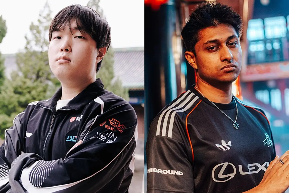 ▲在10月15日《英雄聯盟》世界賽的對決中，BLG（藍色方）對上100 Thieves（100T）（紅色方），最終100T憑藉中路Quid歐羅拉的爆發表現，以一波完美團戰完成逆轉，於30分鐘時團滅BLG。（圖／翻攝自LOL X）