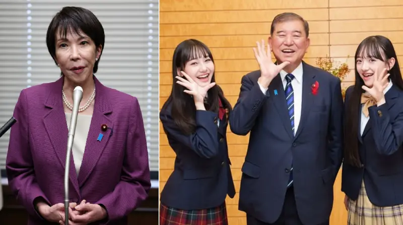 ▲日本自民黨總裁高市早苗（左）正持續為首相選舉拜會在野黨，「待退」首相石破茂顯得相對輕鬆，還與15歲的偶像團體會面。合成圖。（圖／美聯社／達志影像、翻攝自IG／ishibashigeru）