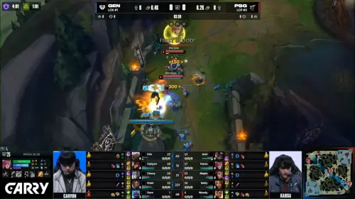▲比賽3分鐘Azhi藍寶將Kiin安比薩燒到殘血，Karsa菲艾趕到支援，順利讓PSG收下首殺。（YT@LOL Esports）