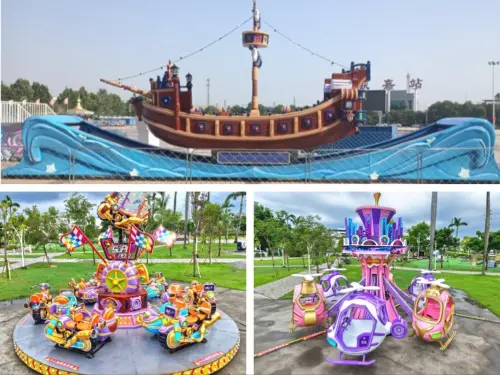 ▲聖誕嘉年華結合太子爺信仰元素，全新亮相「海上冒險、天空之城旋轉飛機、瘋狂摩托車」三大設施。（圖／護國宮提供）