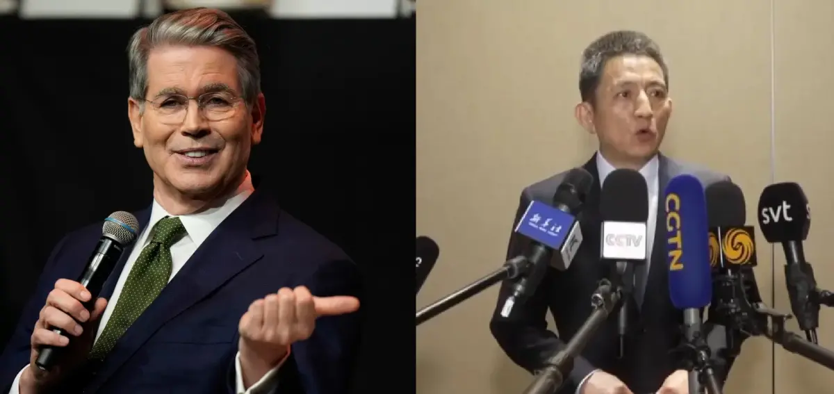 ▲美國財政部長貝森特（Scott Bessent）批評，中國商務部副部長、貿易代表李成鋼是「層級較低、言行失控」的官員，不請自來訪問美國、自以為戰狼。合成圖。（圖／美聯社／達志影像、央視新聞）