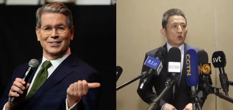 ▲美國財政部長貝森特（Scott Bessent）批評，中國商務部副部長、貿易代表李成鋼是「層級較低、言行失控」的官員，不請自來訪問美國、自以為戰狼。合成圖。（圖／美聯社／達志影像、央視新聞）