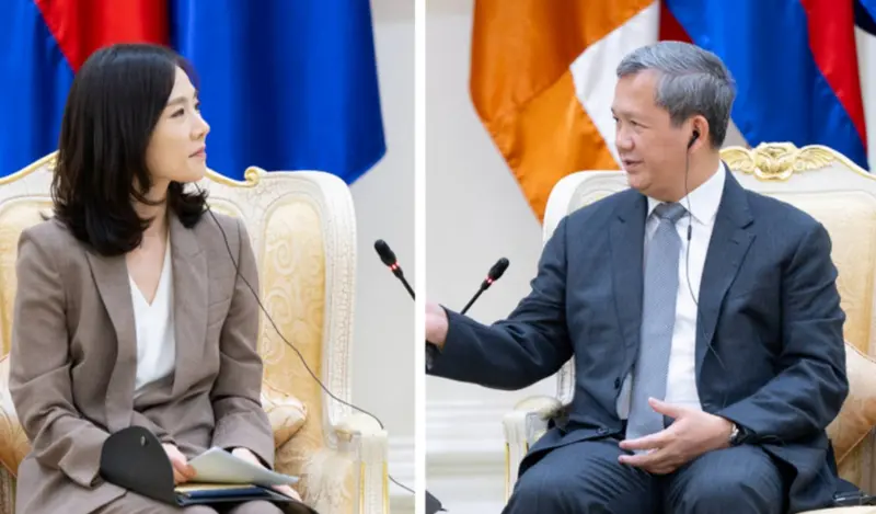▲為了近日鬧得沸沸揚揚的韓國公民遭詐團虐待、殺害的事件，韓國外交部第二次官金珍我前往柬埔寨，與柬國首相洪馬內會談。（圖／翻攝自柬中時報）