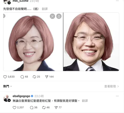 ▲有網友幫蘇貞昌變髮，讓官方帳號親自回留言「無論白髮、黑髮、紅髮還是粉紅髮，只要有頭髮就是好頭髮」，笑翻網友。（圖／翻攝Threads）