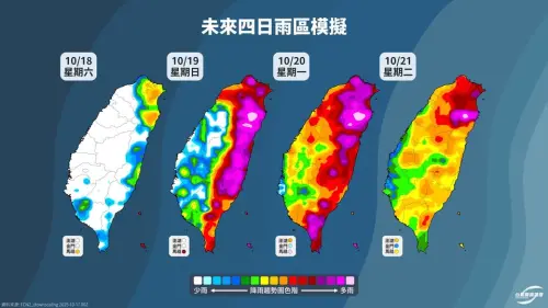 ▲輝達AI模式預測，明天下半天起至下週二（21），台灣東北側將出現強烈共伴效應，雲雨帶集中在基隆北海岸、台北東側、宜蘭與花蓮，恐有持續性大雨甚至豪雨發生。（圖／台灣颱風論壇｜天氣特急）