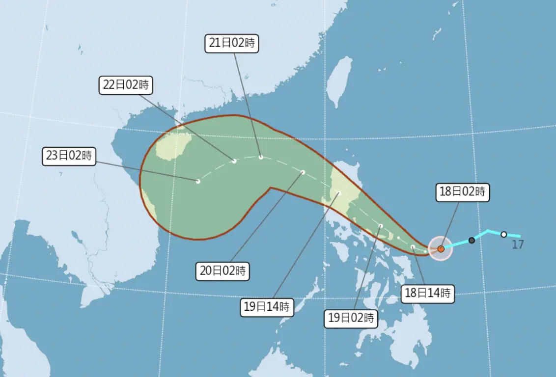 ▲風神颱風今（18）日凌晨生成，路徑將往西進入南海，期間會與東北季風產生共伴效應，替台灣帶來豪雨。（圖／中央氣象署cwa.gov.tw）