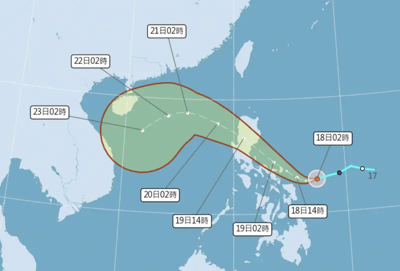 ▲風神颱風今（18）日凌晨生成，路徑將往西進入南海，期間會與東北季風產生共伴效應，替台灣帶來豪雨。（圖／中央氣象署cwa.gov.tw）