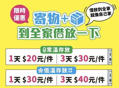▲全家提供「寄物＋」服務，材積在120公分以下就能拿到全家寄放，目前優惠價一天只要20元。（圖／翻攝官網）