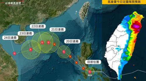 ▲風神颱風搭配東北季風出現「共伴效應」，今（19）日下午開始，北部、宜蘭、花蓮雨勢還會再增強。（圖／「台灣颱風論壇｜天氣特急」臉書）