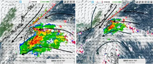 ▲風神颱風外圍環流跟太平洋高壓外圍的東風配合，在台灣東方形成明顯的「對流系統」。（圖／天氣職人-吳聖宇臉書）
