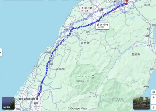 ▲根據Google Map實際計算，大巨蛋與洲際單趟距離最遠約154公里，要走36小時才走得完。（圖／Google Map）
