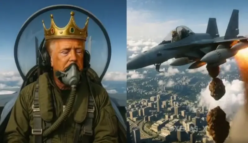 ▲川普近日在自家社交平台上傳1條AI影片，顯示頭戴王冠、駕駛戰鬥機的他，朝地面群眾潑灑咖啡色液體，似乎就是在嘲諷示威者。（圖／擷取自川普Truth Social影片）