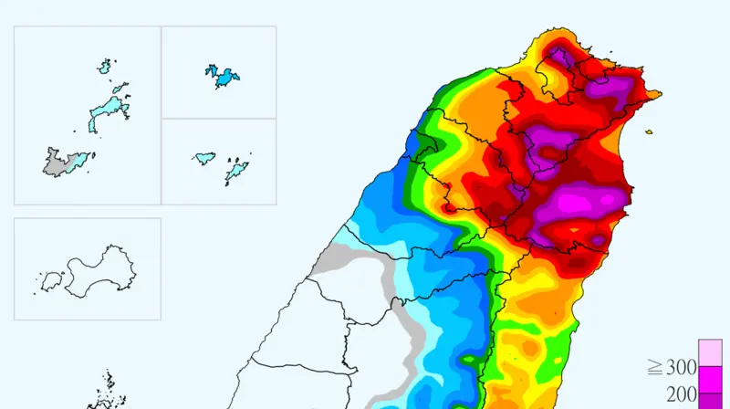 ▲受到風神颱風外圍環流與東北季風「共伴效應」影響，北台灣與宜花地區降下豪雨，未來48小時內雨量甚至呈現紫色，天氣粉專「觀氣象看天氣」強調驚人雨勢才剛開始，預估今晚更為明顯。（圖／中央氣象署cwa.gov.tw）