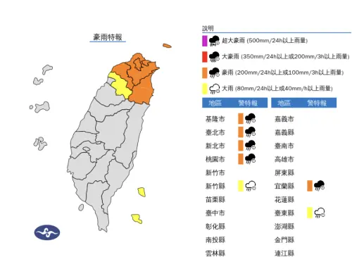 ▲氣象署持續發布「豪雨特報」，請北北基桃、宜蘭民眾，注意短延時強降雨及強陣風​​​​​​​。（圖／中央氣象署cwa.gov.tw）​​​​​​​