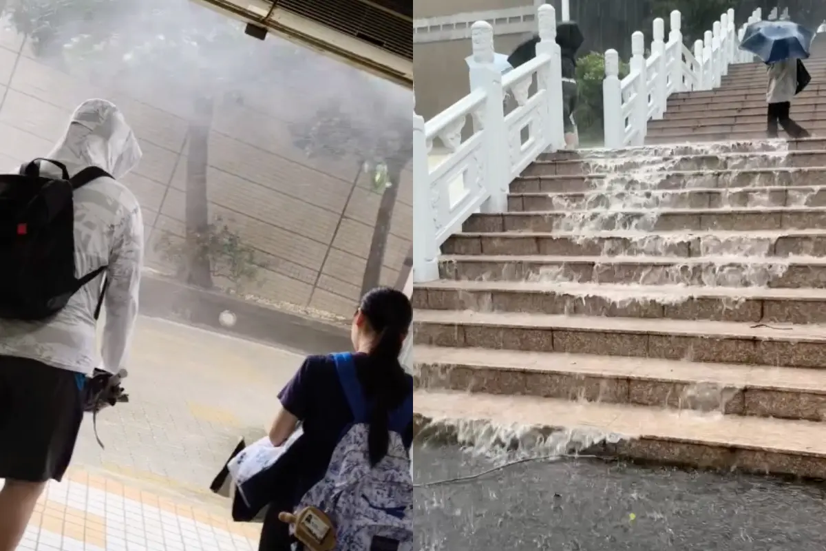 ▲受東北季風與風神颱風共伴效應影響，文化大學風雨猛如颱風，淡江大學更出現「階梯變瀑布」的驚人畫面。（圖／翻攝自Threads@huiting209、rebecca_ouo）