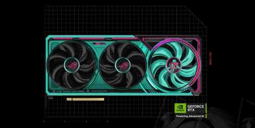 ▲ROG Astral GeForce RTX 5080 初音未來特別版搭載 Aura ARGB 間接燈效，為色彩或功能性效果的個人化設定提供了無限可能。（圖／欣亞數位）