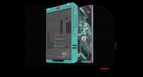 ▲華碩聯名初音未來的特別版機殼，夢幻配色加上公主殿下的倩影，可說是專為展示型組裝的命定款。（圖／欣亞數位）