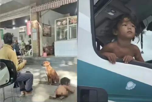 ▲中國四川近日傳出「野人小孩」，個赤裸孩童趴在高速公路服務站的台階上進食，四肢著地像狗一樣奔跑，引發熱議。（圖／翻攝自微博）