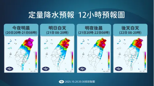 ▲風神颱風今明兩天最靠近台灣，中央氣象署表示，配合東北季風產生「共伴效應」，北台灣、宜蘭的降雨非常劇烈。（圖／中央氣象署cwa.gov.tw）