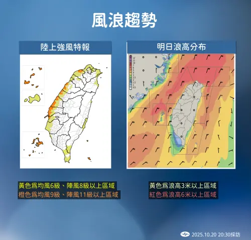 ▲東北風明顯偏強，各沿海及金門局部地區有平均風6級以上或陣風8級以上發生的機率，其中桃園至嘉義及蘭嶼、綠島、澎湖、馬祖局部地區有平均風9級以上或陣風11級以上發生的機率。（圖／中央氣象署）