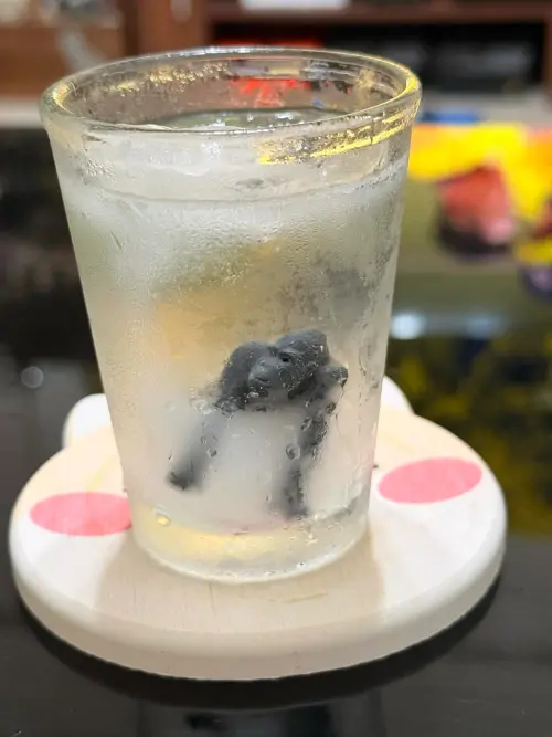 ▲有球迷將象徵樂天桃猿的猩猩公仔，丟進裝滿冰塊的玻璃杯，再放進冷凍庫，打算台灣大賽打完再拿出來。（圖／取自X）