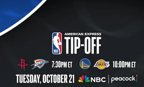 ▲2025-26 NBA 例行賽將於台灣時間10月22日（周三）正式點燈，NBC 與 Peacock 帶來兩場開幕戰：07:30 火箭 @ 雷霆（NBC／Peacock／緯來體育台LIVE），10:00 勇士 @ 湖人（NBC／Peacock／緯來體育台LIVE）。（圖／取自NBA X）