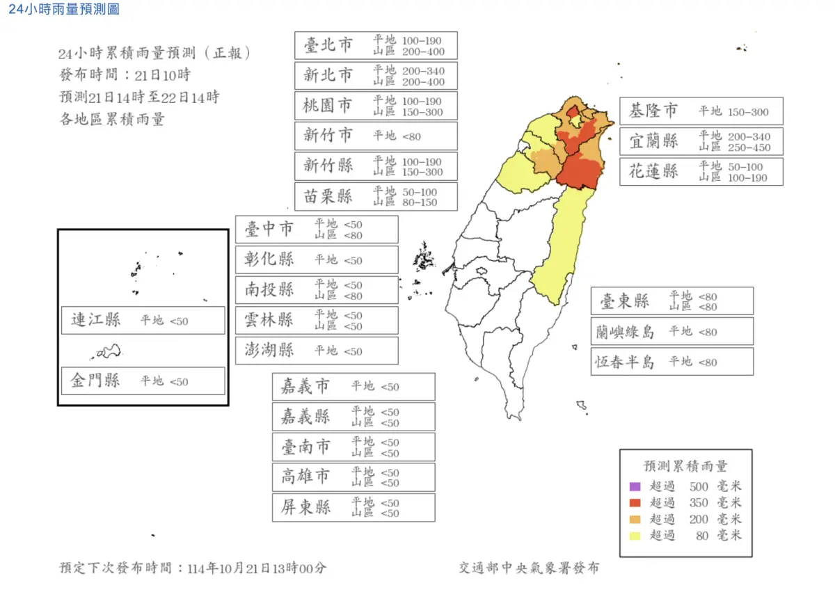 ▲最新「雨量預報」，明天（10/22）白天，「台北市山區、新北市山區、桃園市山區、新竹縣山區、宜蘭縣山區​​​​​​​」等5縣市，雨量達停班停課標準。（圖／中央氣象署cwa.gov.tw）
