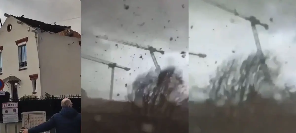 ▲法國巴黎東北部20日突然發生龍捲風，三台起重機被強風吹倒，造成1死10傷。（圖／翻攝自Ｘ）