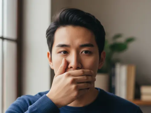 ▲口臭、牙痛、遮嘴巴、摀住嘴巴。（圖／AI生成）