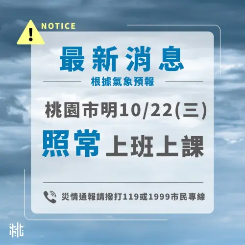 ▲桃園市明（22）日正常上班、上課。（圖／桃園市政府）