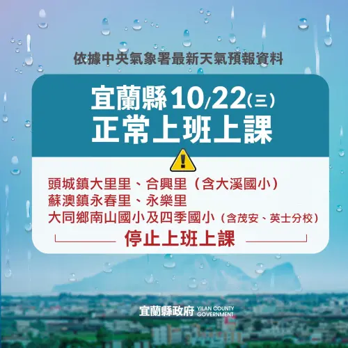 ▲蘇澳鎮永春里、永樂里、大同鄉南山國小及四季國小（含茂安、英士分校），以及頭城鎮大里里、合興里（含大溪國小）提升為土石流潛勢溪流紅色警戒區域，基於安全考量，上述地區及學校明（22）日「停止上班、停止上課」。（圖／宜蘭縣政府）