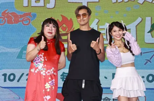 ▲今（22）日新北市政府舉行記者會，現場包括扮成經典角色「董月花」的董至成（左起）、5566成員王少偉、啦啦隊女神琳都到場參與。（圖／記者吳翊緁攝影）