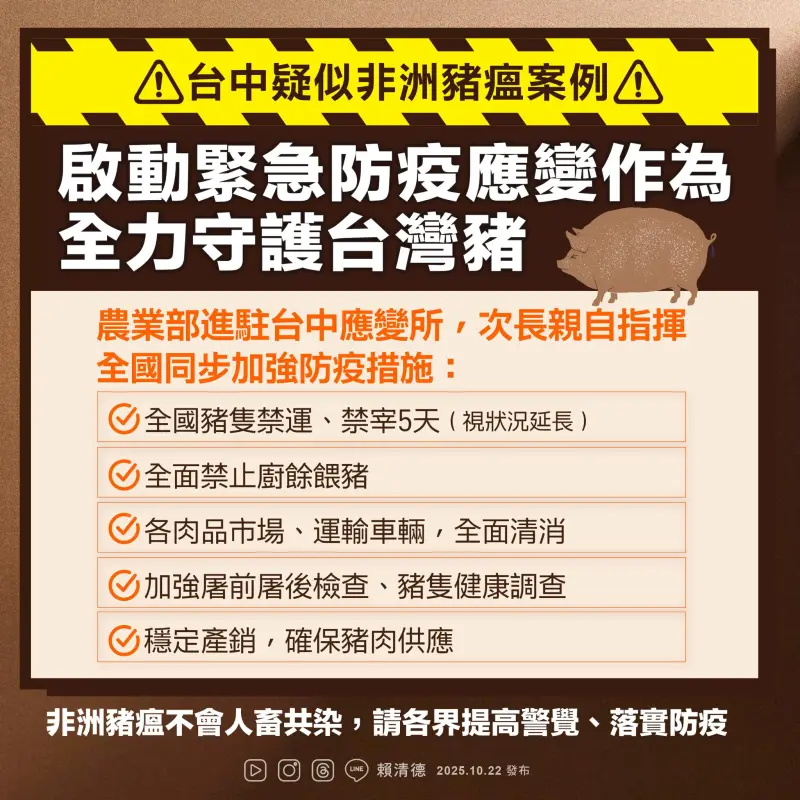 ▲賴清德表示，非洲豬瘟不是人畜共通傳染病，請國人不需恐慌。（圖／賴清德臉書）