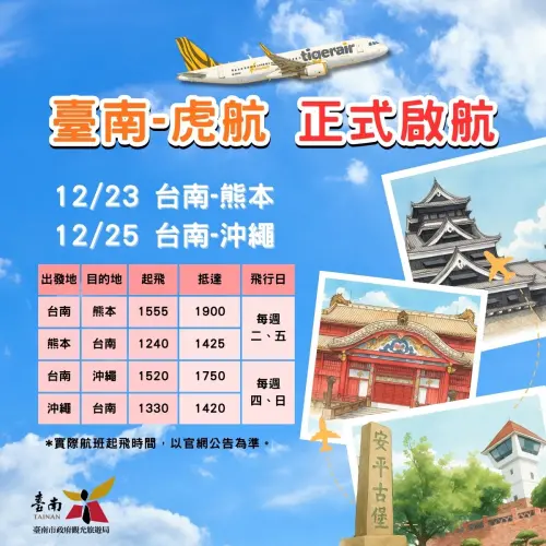▲虎航「台南航線」一表看懂。（圖／台南市政府觀光旅遊局提供）