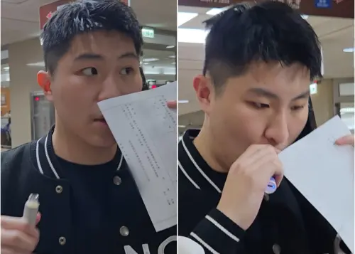 ▲林子惟開庭結束後，一邊講手機連絡接應車輛一邊拿出目前仍全面違規的電子煙，直接在法院裡抽起來。（圖／記者劉松霖攝）