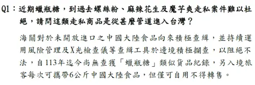 ▲《NOWNEWS》記者去年提問螺絲粉、麻辣花生及魔芋爽，仍至蠟瓶糖等走私食品如何進入台灣，關務署當時回覆。（圖／取自關務署2024年文字回應）