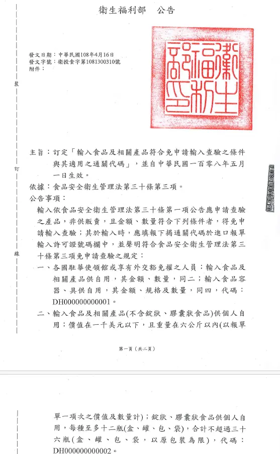    ▲關務署說明，進口食品應向食藥署辦理食品輸入查驗及相關許可文件，但據衛福部2019年4月16日《衛授食字第1081300310號公告》，輸入價值在1,000美元以下，且重量在6公斤以內，將請食藥署回應。（圖／取自食藥署公告）  