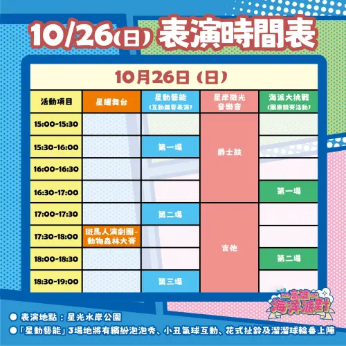 ▲「2025高雄海洋派對」10/26表演活動節目表（圖／取自高雄市海洋局臉書）