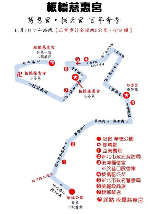 ▲白沙屯媽祖受邀參加板橋慈惠宮百年會香活動，11/1下午到訪板橋路線圖。（圖／白沙屯拱天宮臉書）