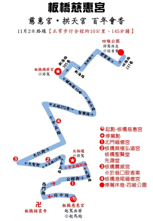 ▲白沙屯媽祖受邀參加板橋慈惠宮百年會香活動，11/2到訪板橋路線圖。（圖／白沙屯拱天宮臉書）