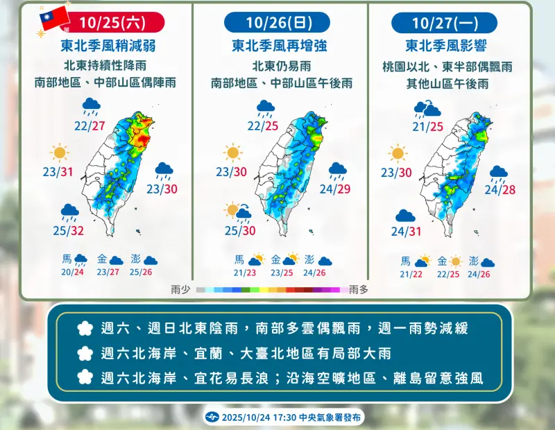 ▲氣象署指出，週六、週日北部、東部依舊是陰雨的天氣，預計周一雨勢才會趨緩，連假想出遊建議往中南部移動，天氣會比較穩定。（圖／中央氣象署cwa.gov.tw）