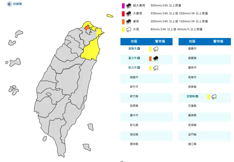 ▲中央氣象署今（24）日晚間發布豪雨特報，表示受到東北季風影響，今日晚間至明日台北市山區有局部大雨或豪雨，基隆北海岸及宜蘭地區有局部大雨發生的機率。（圖／中央氣象署cwa.gov.tw）