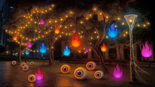 ▲冥焰幻瞳林，隱身於古堡深處，地面散落的巨大幻瞳緩慢轉動。（圖／翻攝桃園萬聖城官網）